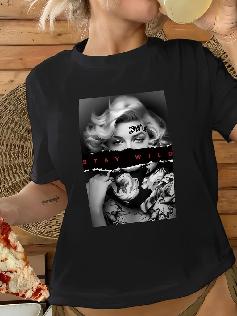 European Sizes Women'S Casual Crew Neck T-Shirt Graphic Design - Short Sleeve, Slight Stretch, Black Summer Tee for Casual Attire, Ladies T Shirts