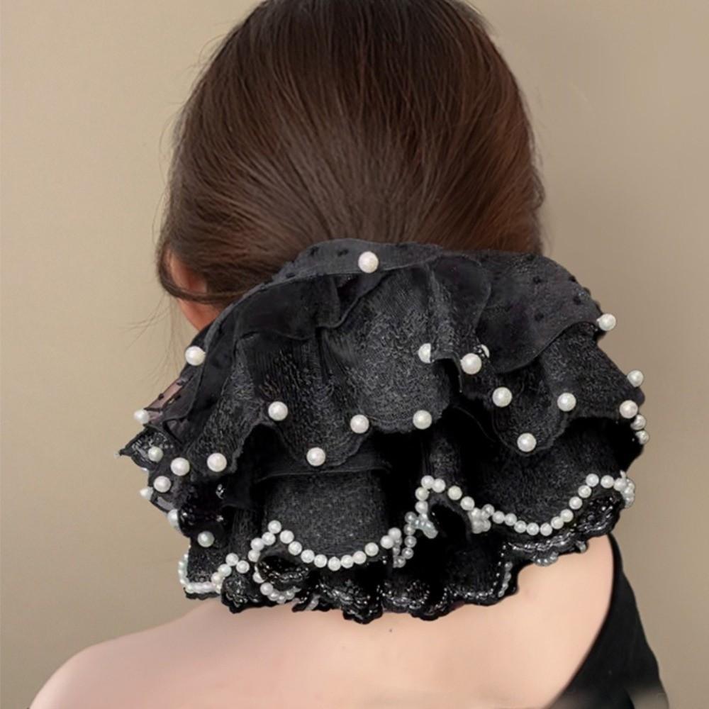 Elastic Pearl Lace Scrunchies Hair Bands Ponytail Holder Oversize Lace Hair Ties for Meatball Head