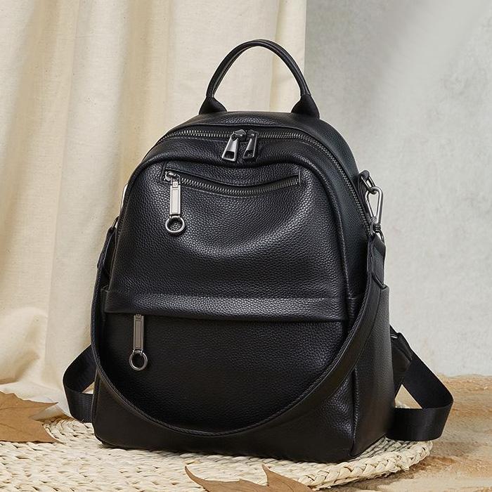 Premium Cowhide Leather Backpack for Ladies - Multi-pocket Casual Backpack