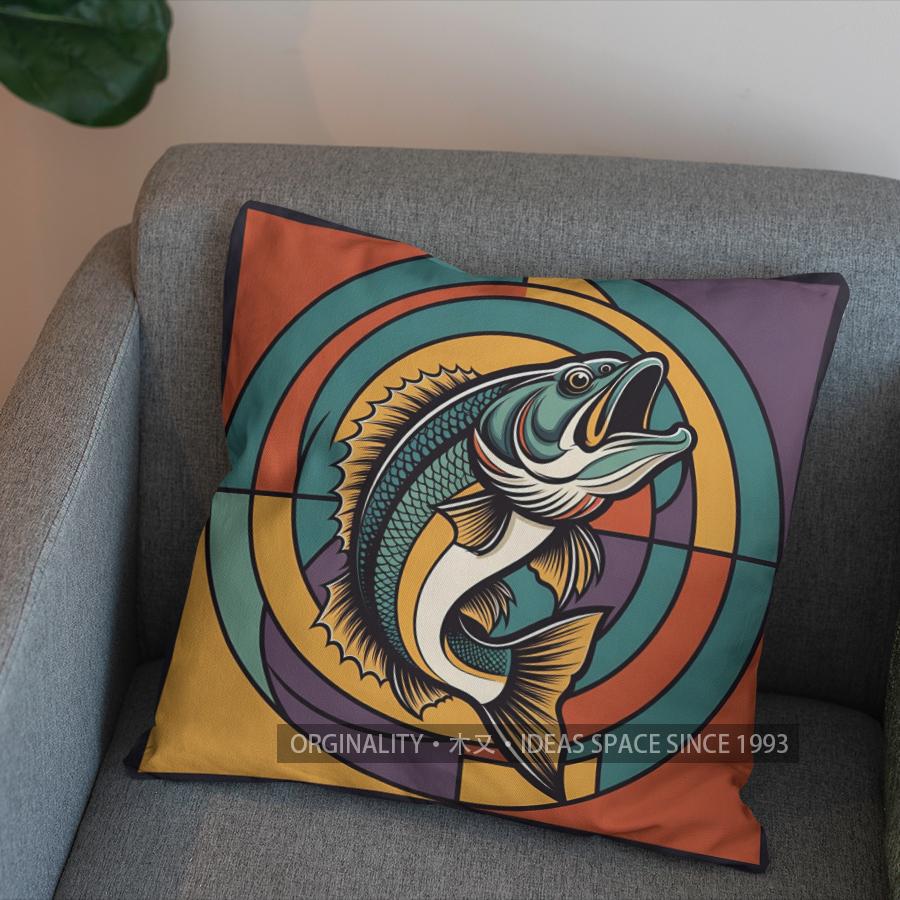 2D Buntes Stilisiertes Fischmuster Kissenbezug für Sofakissen, Schlafzimmerkissen, Autokissen