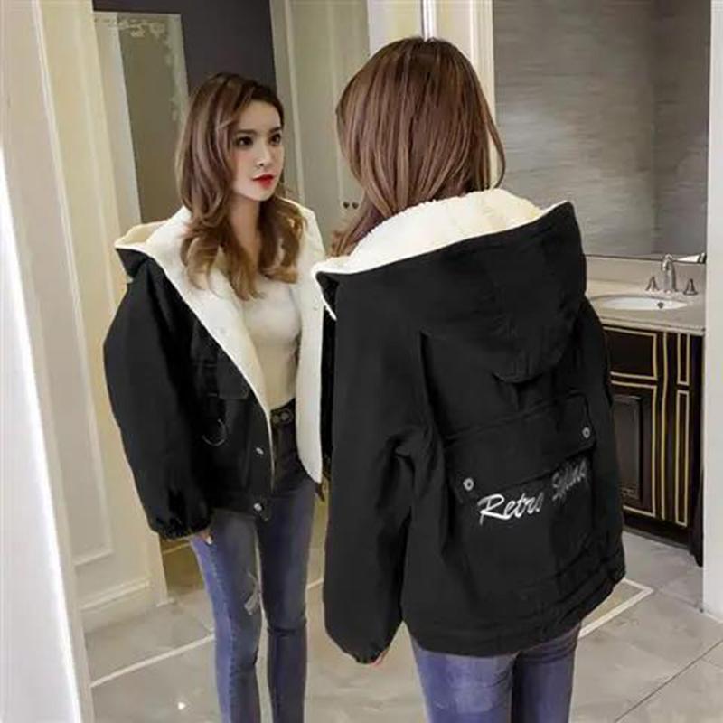 

Флисовое джинсовое теплое хлопковое пальто, свободное с капюшоном плюс флисовая толстая джинсовая куртка из овечьей шерсти, женское свободное повседневное теплое пальто S