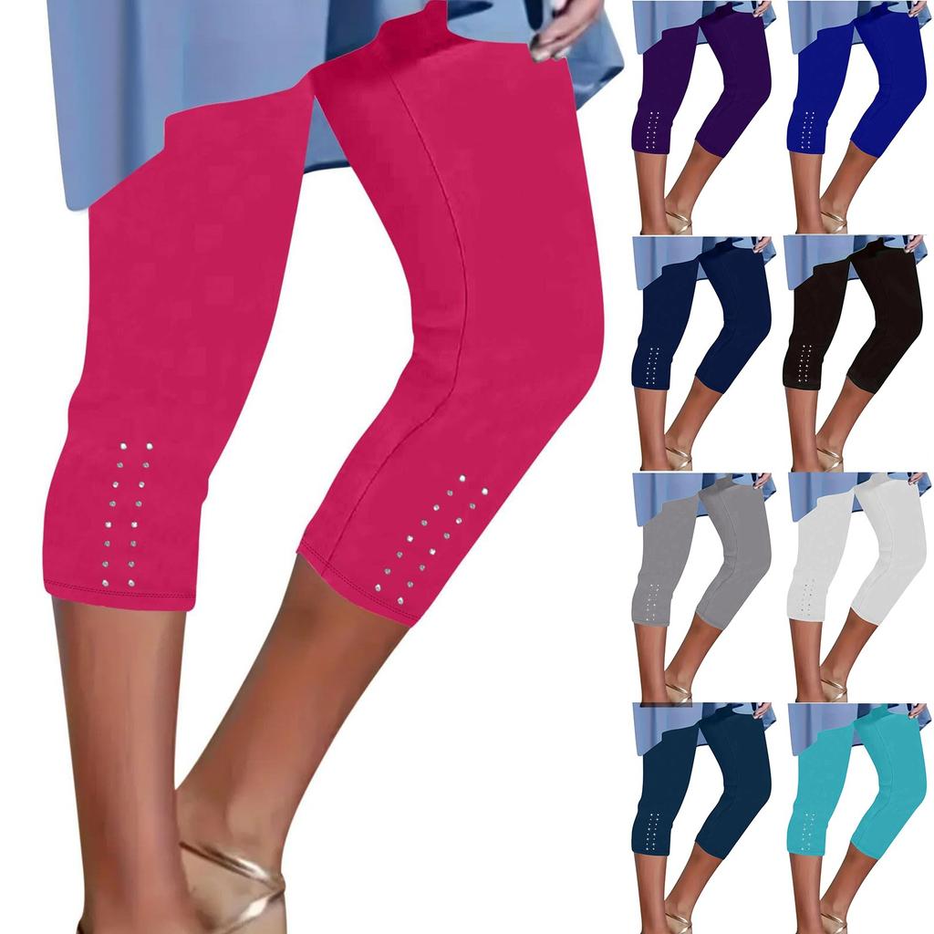 Women's Mid-waist Elastic Solid Color Cropped Pants Tight Fitting Fashionable Sexy Bright Diamond Casual Pants