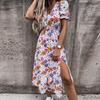 Abito da festa con stampa floreale scollo a V da donna estate vintage manica corta abito midi primavera ampio con tasche abito a trapezio Vestidos 21787
