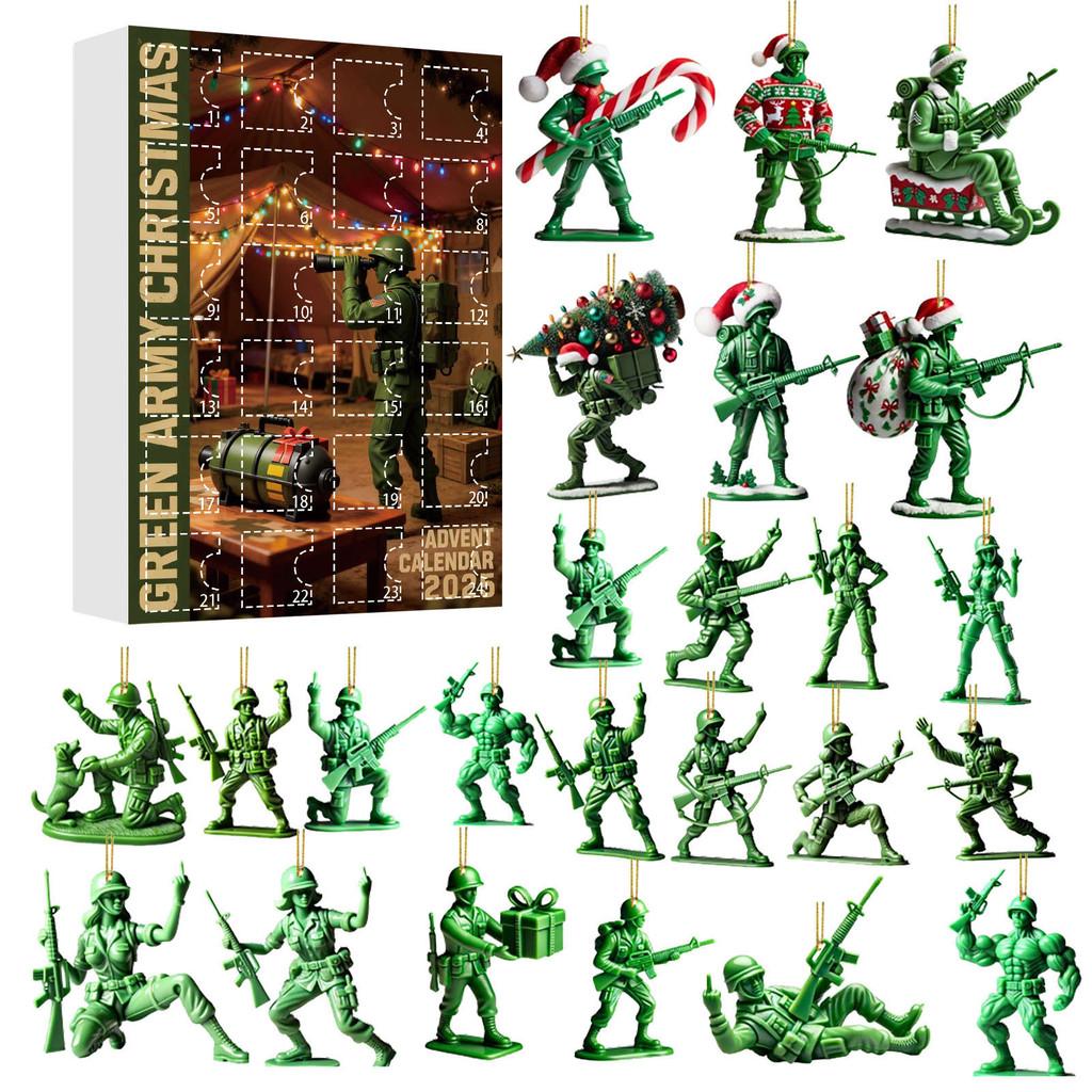 Weihnachts-Adventskalender-Überraschungsbox Mit Grünen Armeefiguren Acryl-Anhänger Für Feiertagsdekoration Und Geschenke
