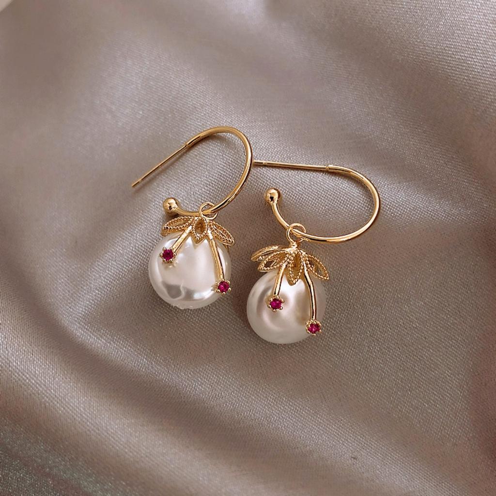 Creative Pink Zircon Imitation Pearl Cherry Drop Earrings For Women Men Bohemian Hollow Leaves Fruit Earrings Wedding Jewelry
