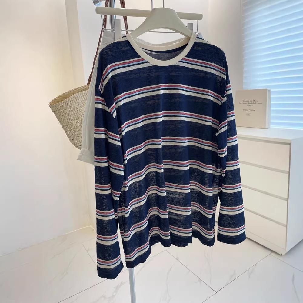 Women's Retro Color Block Stripe Long Sleeve T-shirt, Autumn Loose Fit, Casual Sun Protection Top