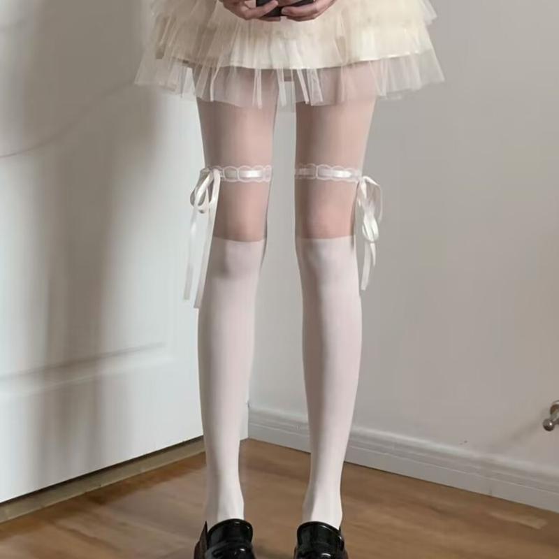 Women Pattern Patchwork Mock Knee High Socks Opaque Tights with Sweet Ribbon Bowknot See Through Pantyhose Leggings