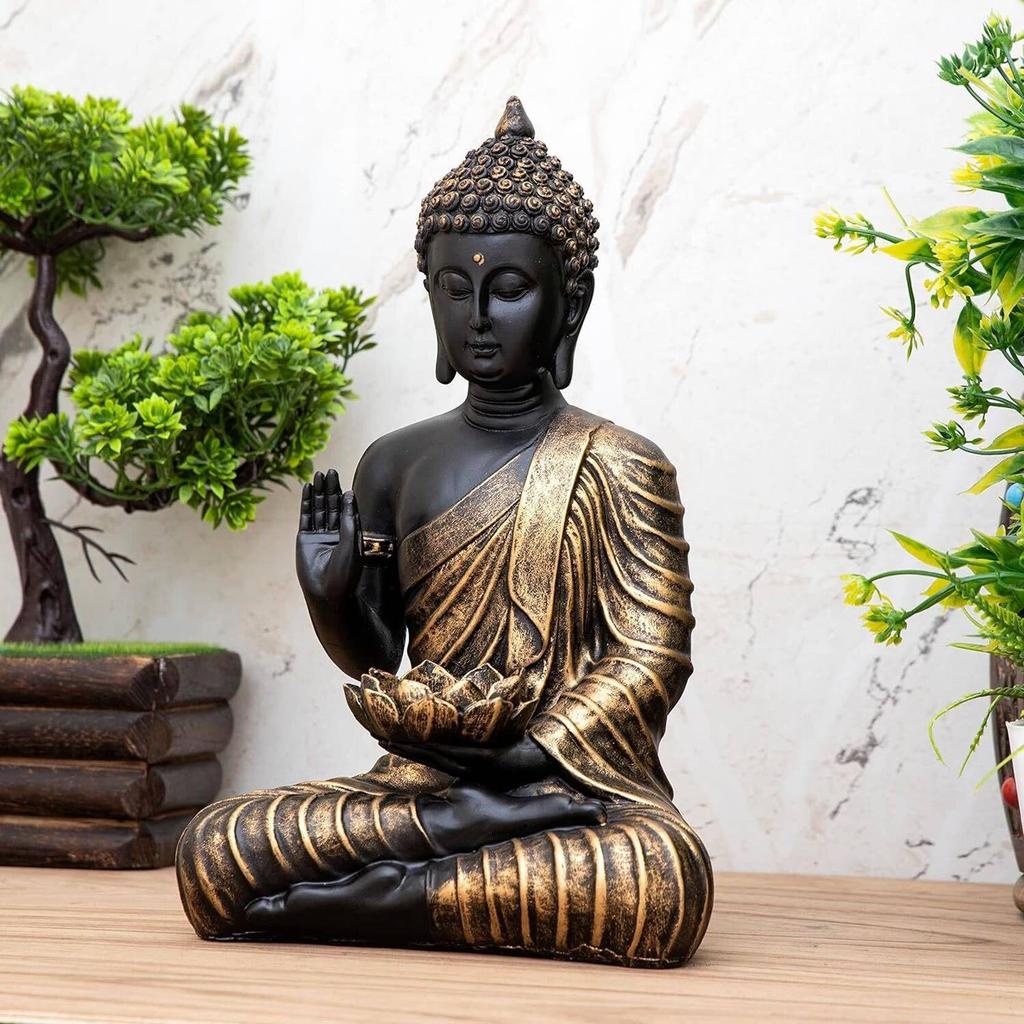 Meditating Sitting Buddha Statue Showpiece Idol Home Decor Living Room Gifts Decorative Showpiece - 27 Cm (Resin, Black, Gold)
