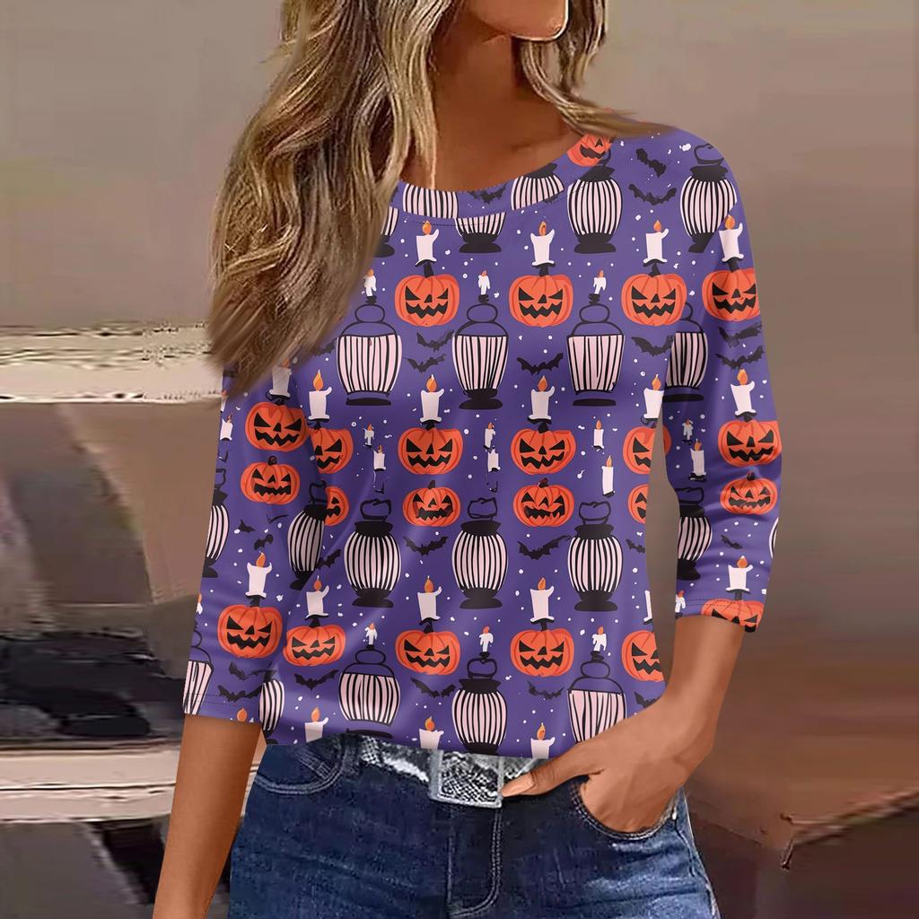 Women's 3/4 Sleeve Loose Fit Casual Shirt Round Neck Halloween Print Top Comfortable Lightweight Fabric Suitable for Everyday Wear