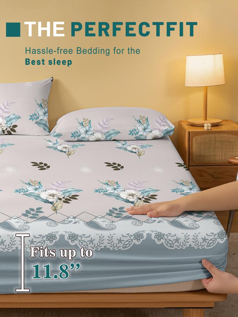 1 Simple Modern Plant Flower Printed Matte Fitted Sheet, Bedroom Printed Bed Cover, Bedding (Excluding Pillowcases)