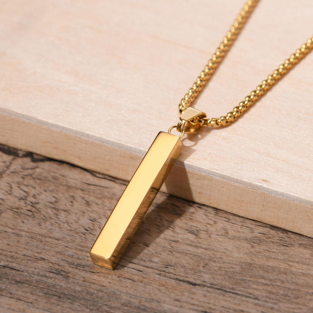 Waterproof 3D Vertical Bar Necklaces for Men,Minimalist Stainless Steel Geometric Pendant with Box Chain,Male Collar Jewelry