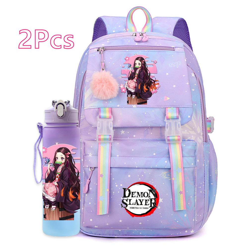 2Pcs/set Cartoon Demon Slayer Printed Backpack with 750Ml Water Bottler for Teenager Girl Boy Large Capacity Waterproof Bookbag Travel Bag Gift