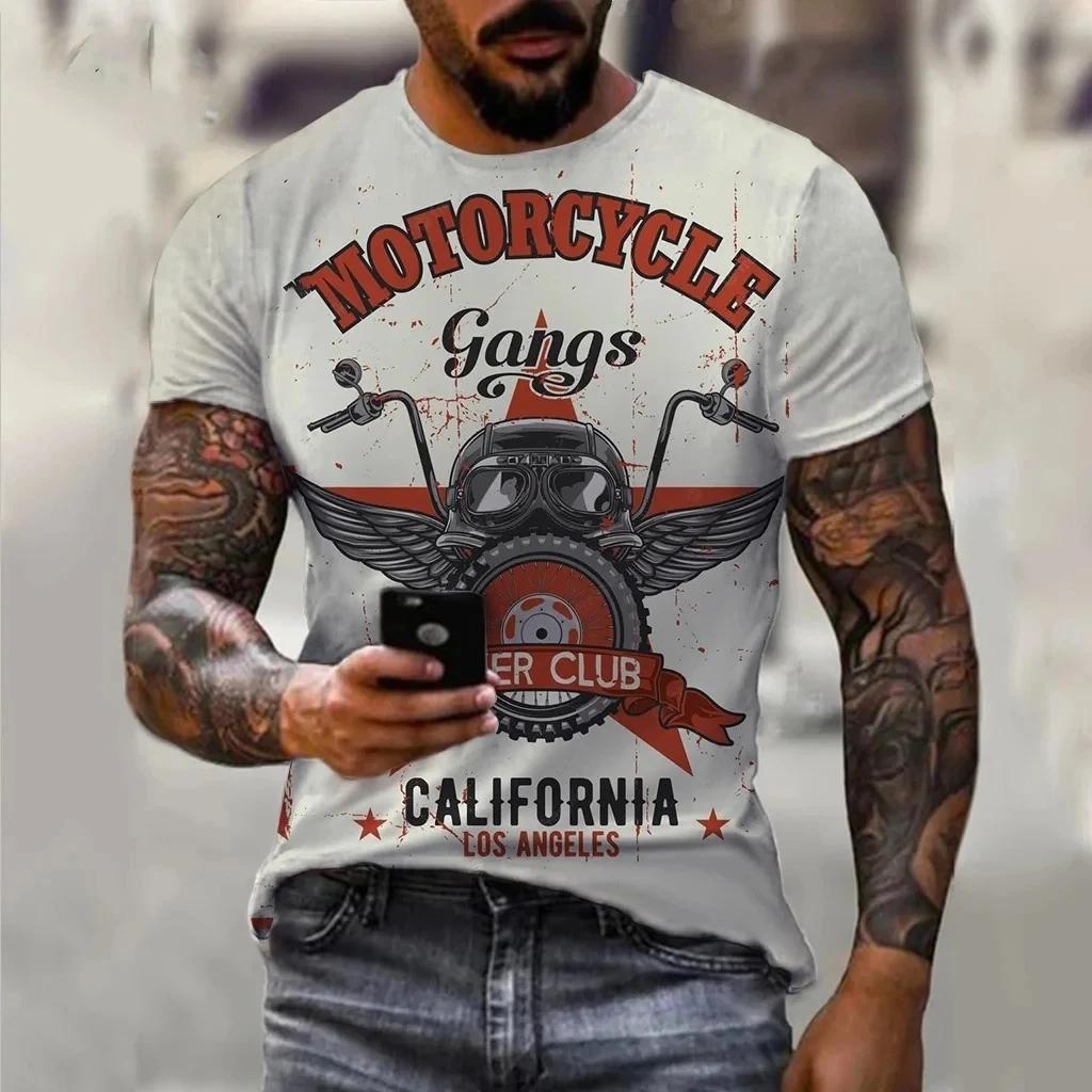 Summer Motorcycle Print Men's T-shirts Hip Hop Skulls Motor Streetwear Loose Short Sleeve Tops Punk Tee Shirts Men Clothing 6XL