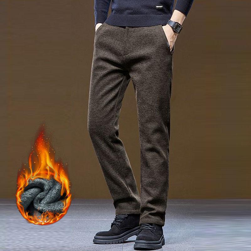 Winter Fleece Thick Casual Pants Men's Business Slim Fit Versatile Classic Trousers Medium Elasticity Formal Wear Wash Pants