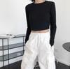 Sexy Black Cotton Women's Clothing O-Neck Long Sleeve Navel Autumn Base Women's Clothing Fashion Casual Ropa Mujer