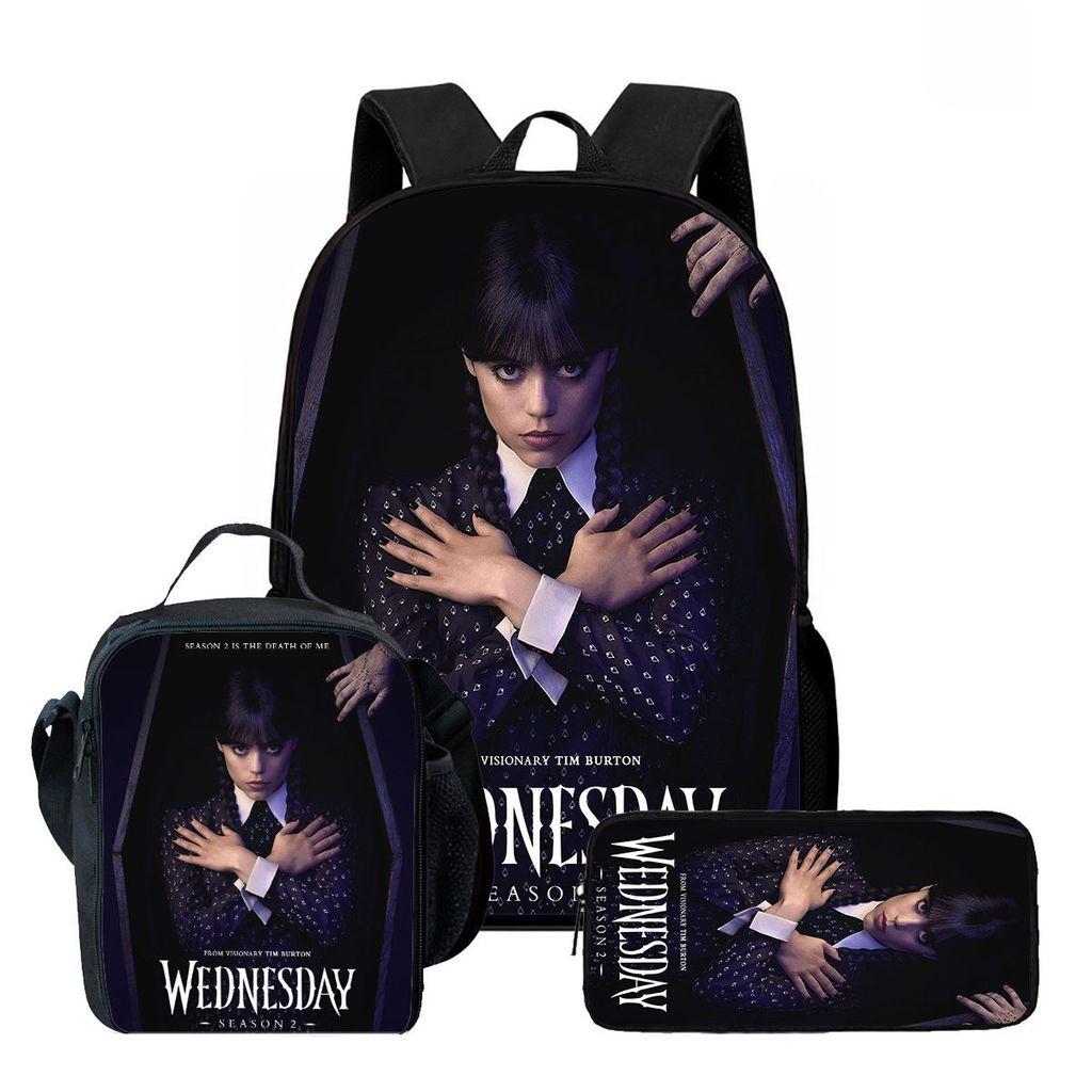 Wednesday Backpack Lunch Bag Pen Case Set With Geometric Pattern For Daily Use