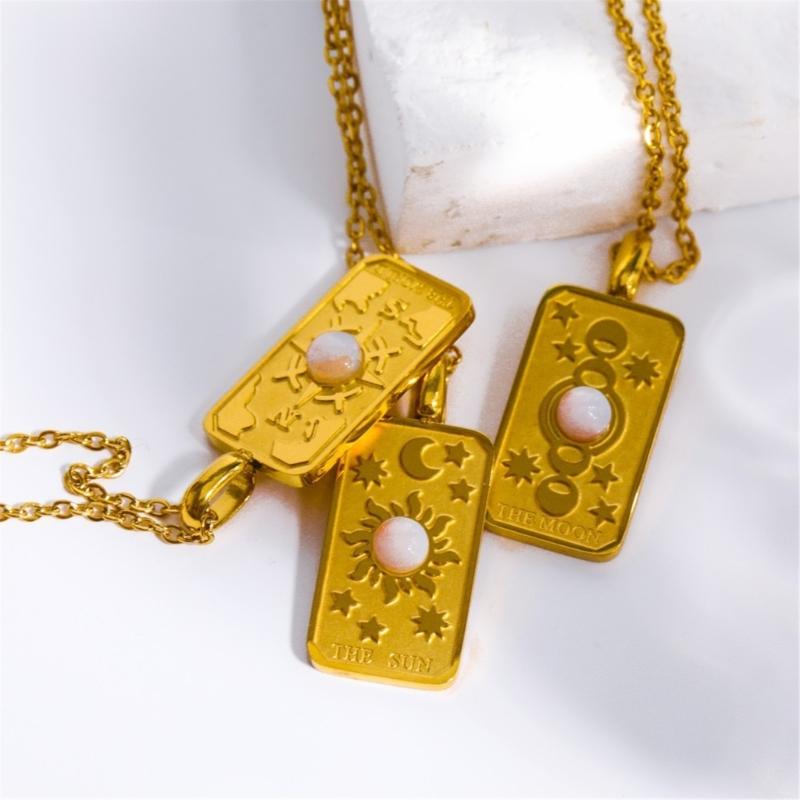 Stylish Gold Square Sun Moon Star World Pendant Necklace Accessory Eye Catching Clavicular Chain for Gathering Parties