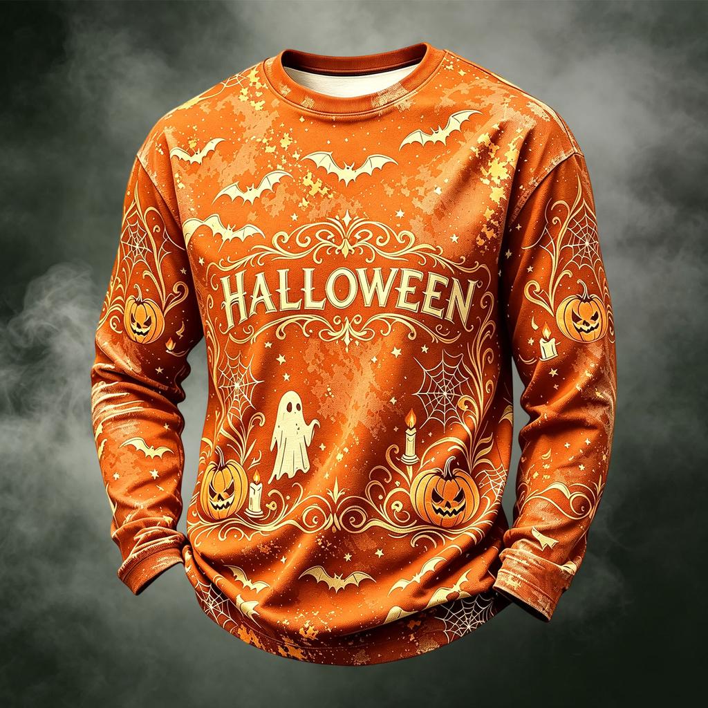 Men's Casual Knit Neck Long Sleeve Top with Halloween Print