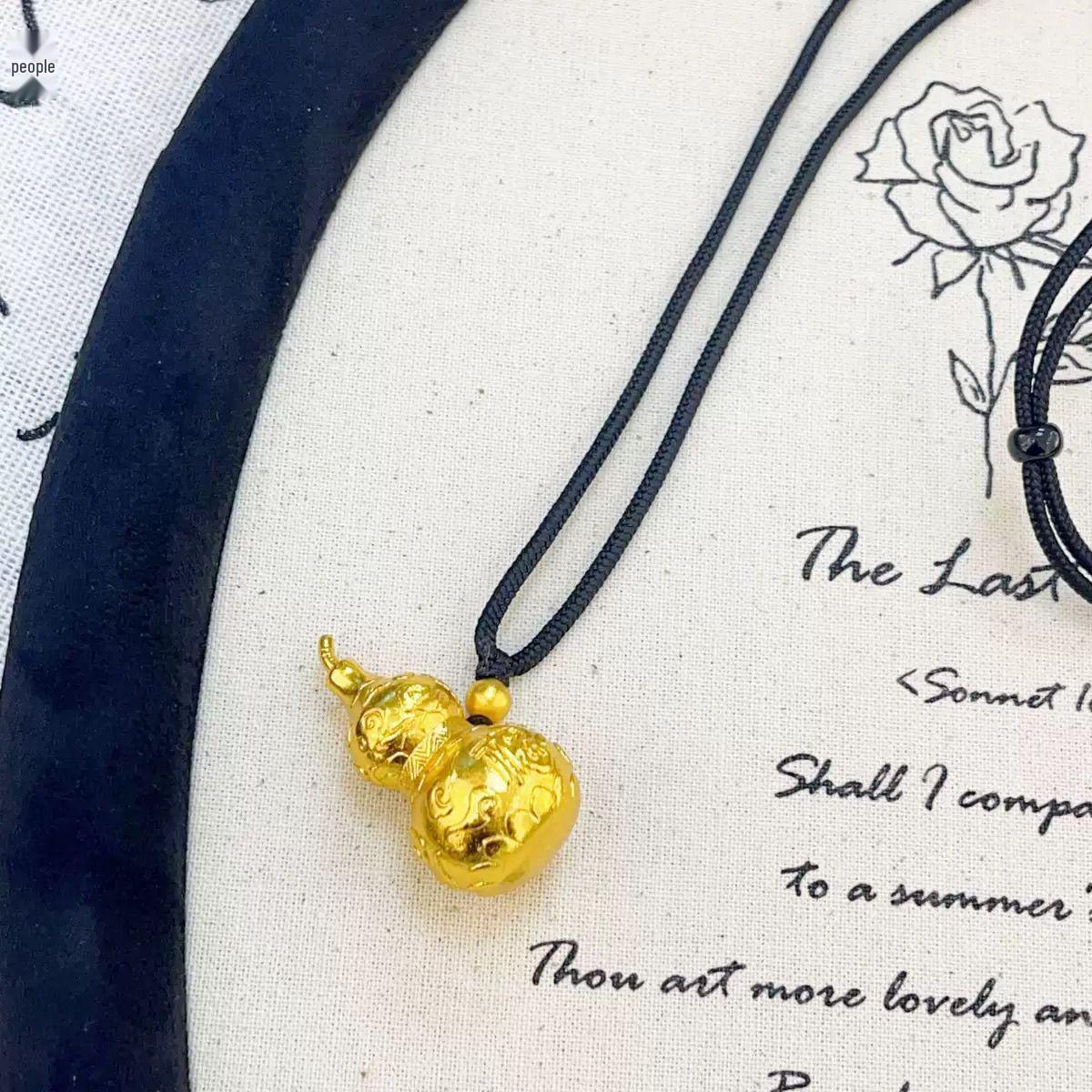 

Ancient Sand Gold Fortune Cloud Sweater Chain: Fu Symbol Gourd & Lucky Money Bag Pendant
