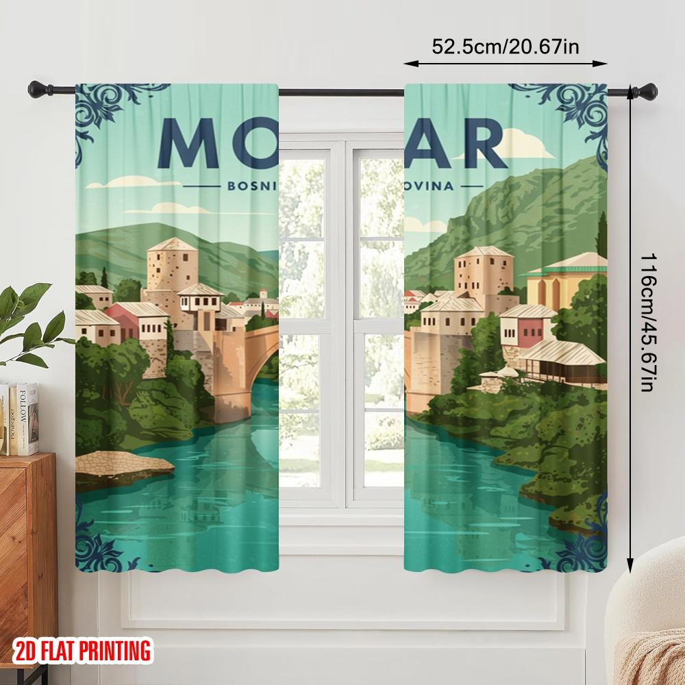 2pcs 2D flat printing Party Curtain Mostar Bridge Bosnia Herzegovina 100% Polyester Fabric Without Electricity Birthday Party