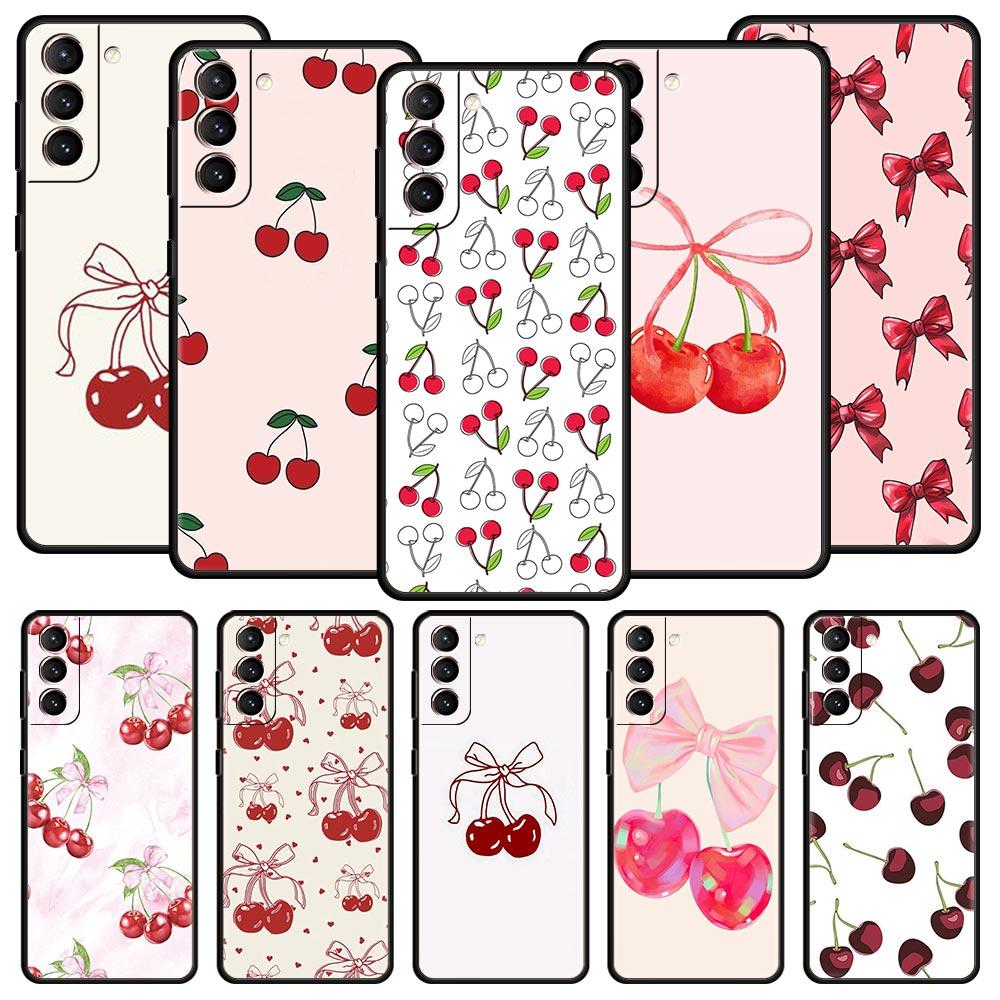 Cute Cherry Bow Phone Case For Samsung Galaxy S24 S23 S22 S20 Ultra S21 FE 5G S10 S9 Plus S10E S8 Soft Silicone Cover