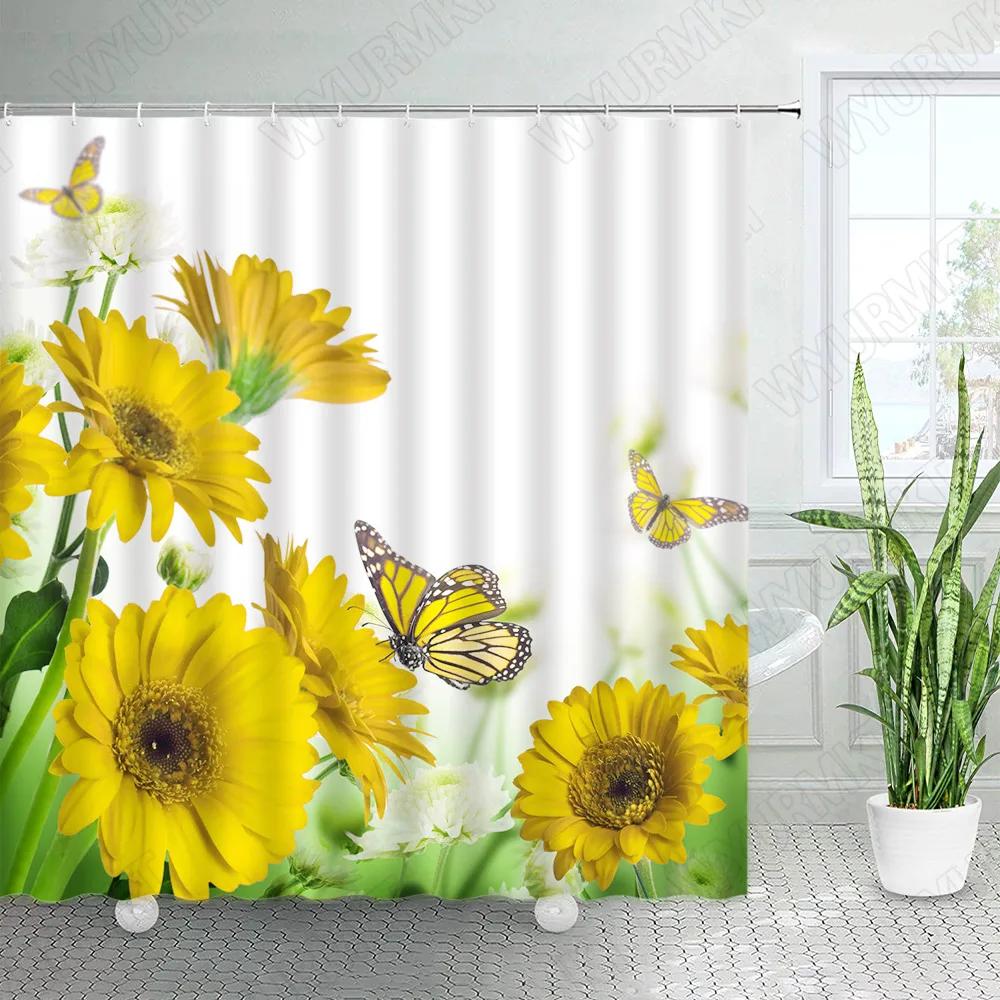 Rustic Flowers Shower Curtains Red Pink Rose Butterfly Sunflower Spring Nature Floral Bath Curtain Set Bathroom Decor with Hooks
