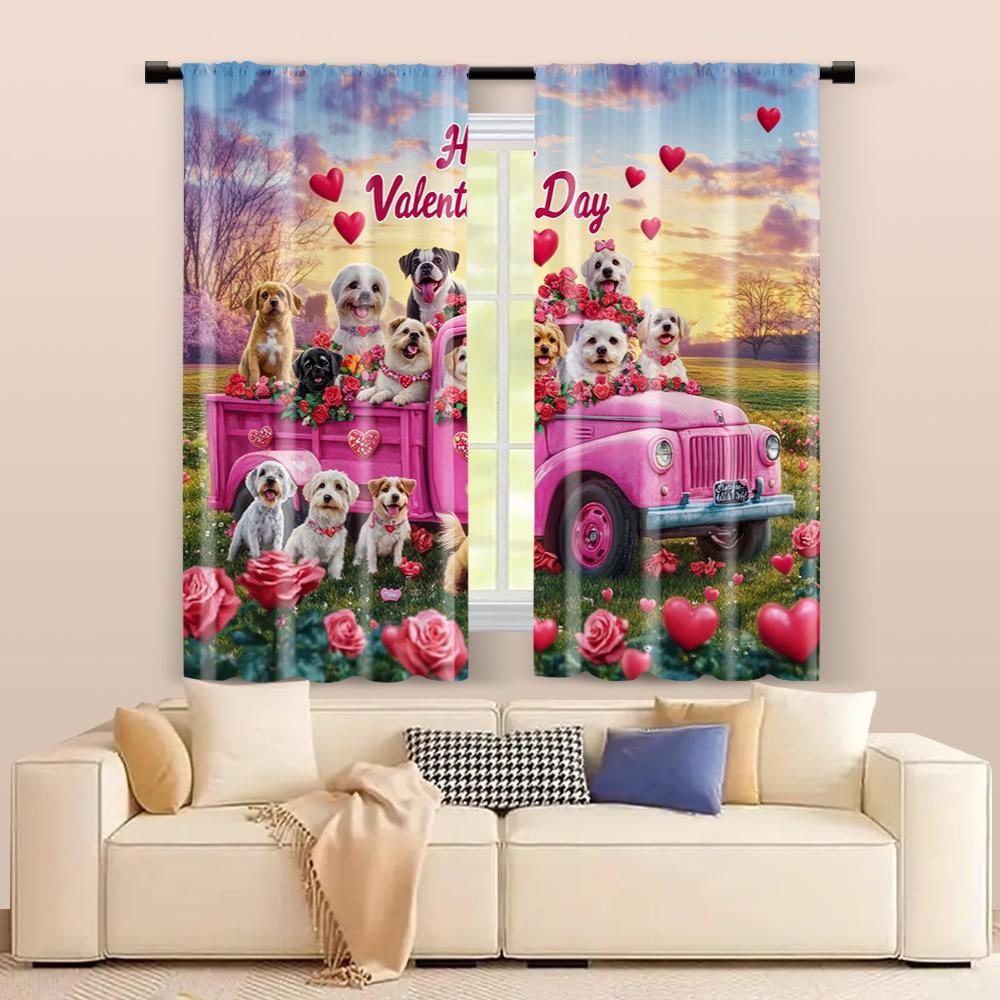 Filtering Curtains Excluding Rods Non Movable Without Batteries Romantic Polyester Valentine Puppy Use Curtain Set Of 2 Made Washable