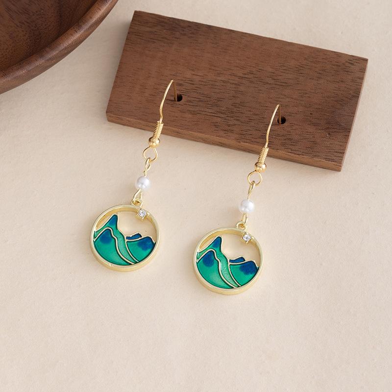 Chinese-Style Guochao Retro Earrings, Dripping Oil Enamel Niche Ear Hooks Are Only Green And Thousands Of Miles Of Jiangshan Earrings, High-End Sense