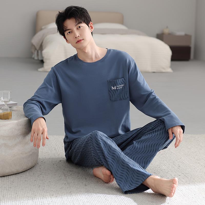 Spring And Autumn Pajamas Men'S Pure Cotton Long-Sleeved Pullover Can Be Worn Outside Autumn And Winter Men'S Casual Loose Plus Size Loungewear