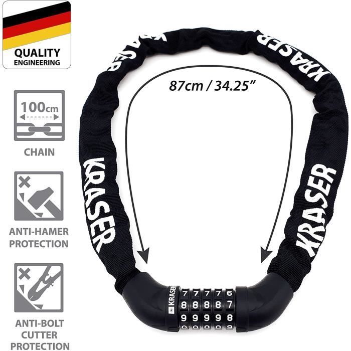Cadenas à Vélo - KRASER - KR610 - Antivol à Code - 100 cm - Universel - Mixte