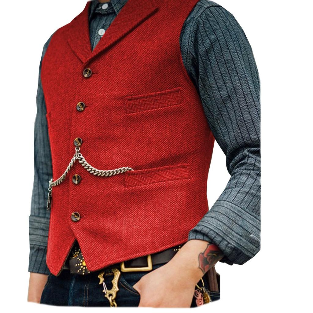 Wool Tweed Men's Suits Vest for Groomsmen Wedding Lapel Casual Slim Business Vests Sleeveless Waistcoat Male Gilet Homme Vests