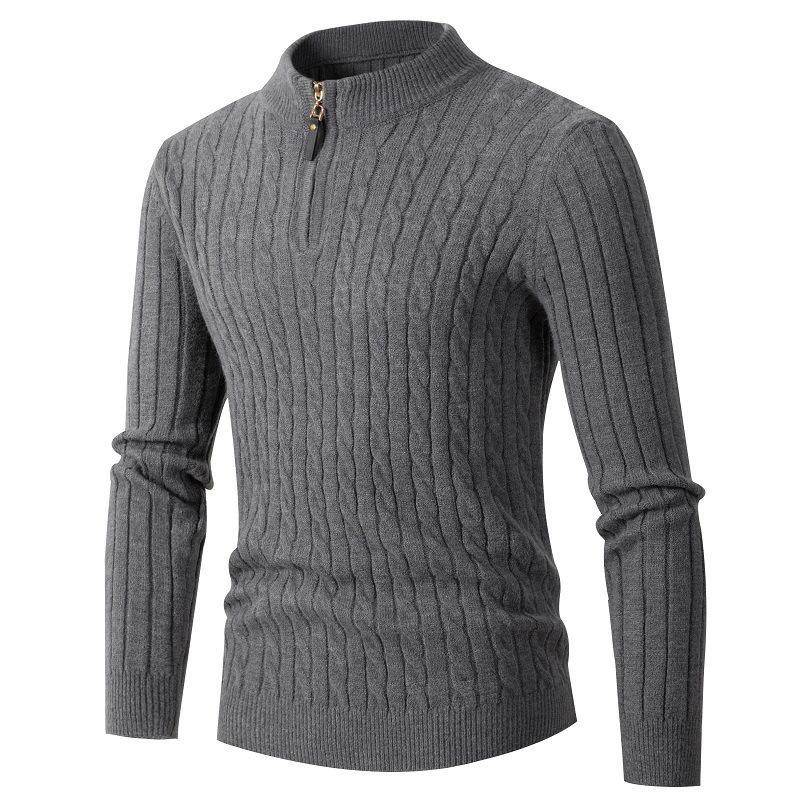Men's Plus Size Cable Knit Half-High Collar Zipper Sweater - Autumn/Winter Casual Pullover