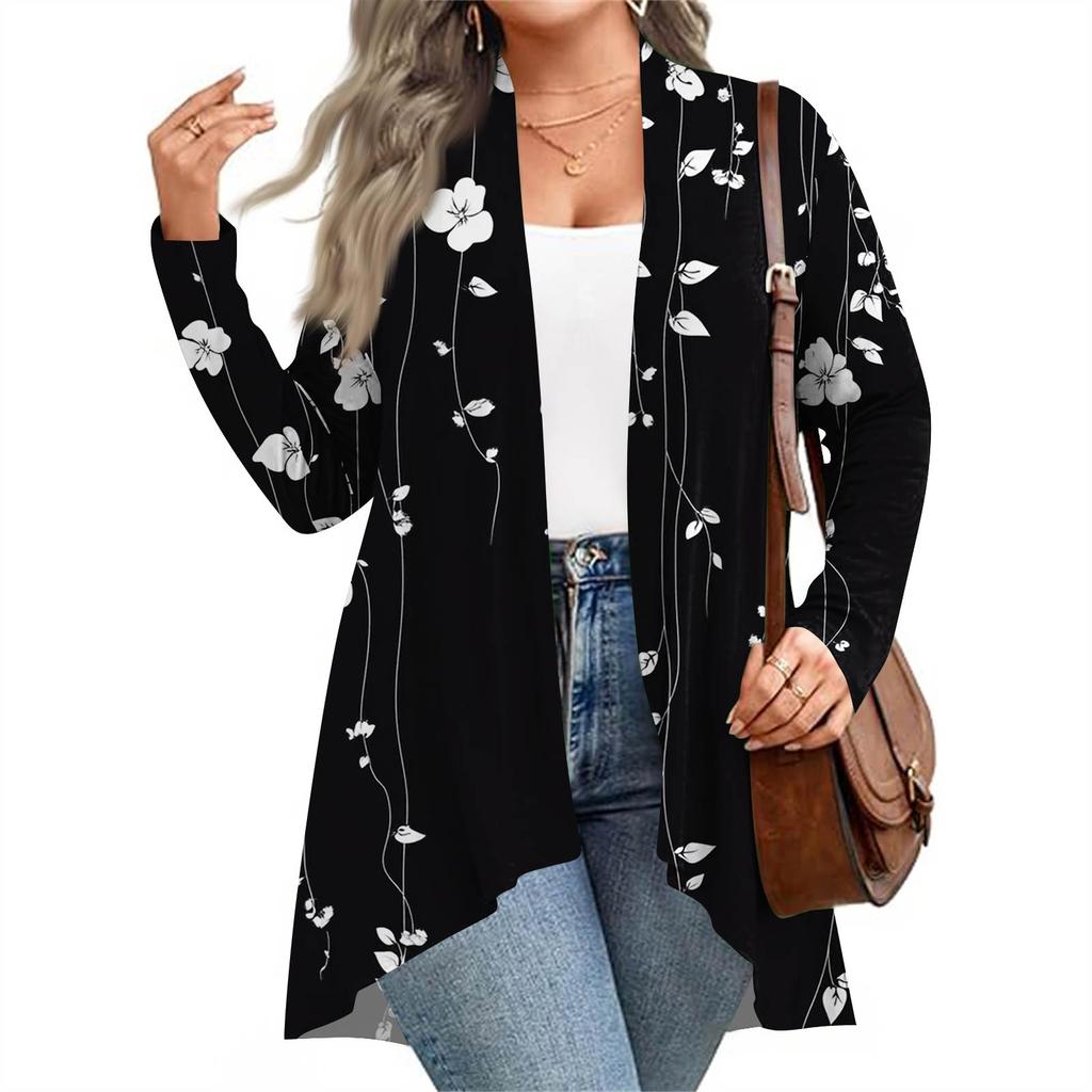 Damen Herbst- und Wintermode Lässiger Print Langarm Mittellange Strickjacke Jacke
