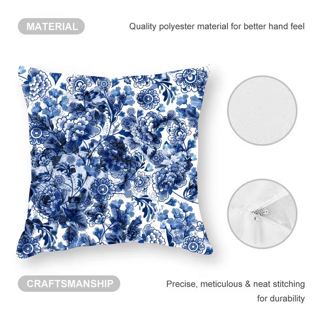 Oriental Blue And White Porcelain Cushion Cover Anti-dustmite Pillowcase Invisible Zipper Silky Short Plush Sofa Cushion Cover