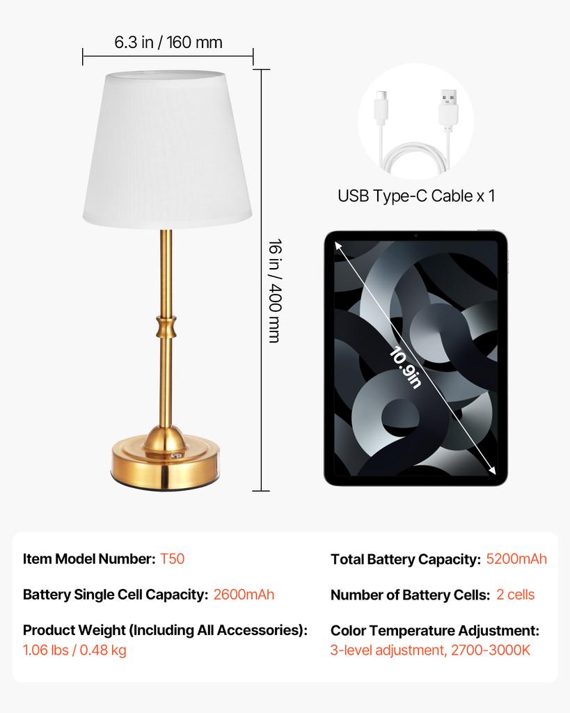 SucceBuy Cordless Table Lamp 5200mAh Built-in Rechargeable Battery Desk Lamp 3-Level Brightness Fabric Shade Color Temperature