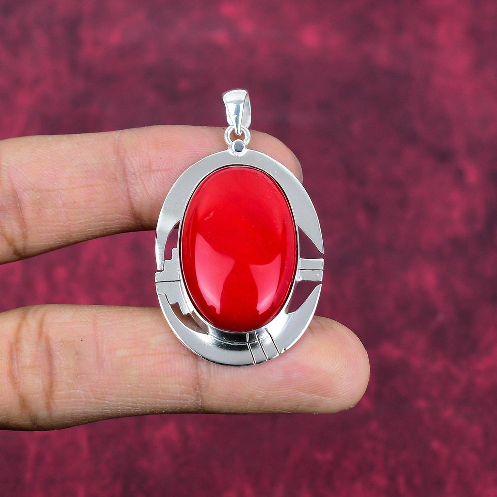 Red Coral Handmade Gemstone Pendant, 925 Solid Sterling Silver Pendant Antique Jewelry, For Engagement Gift