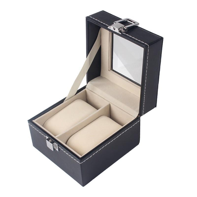 Schwarze Leder-Uhrenaufbewahrungsbox mit 12 Fächern und Perforationsmuster