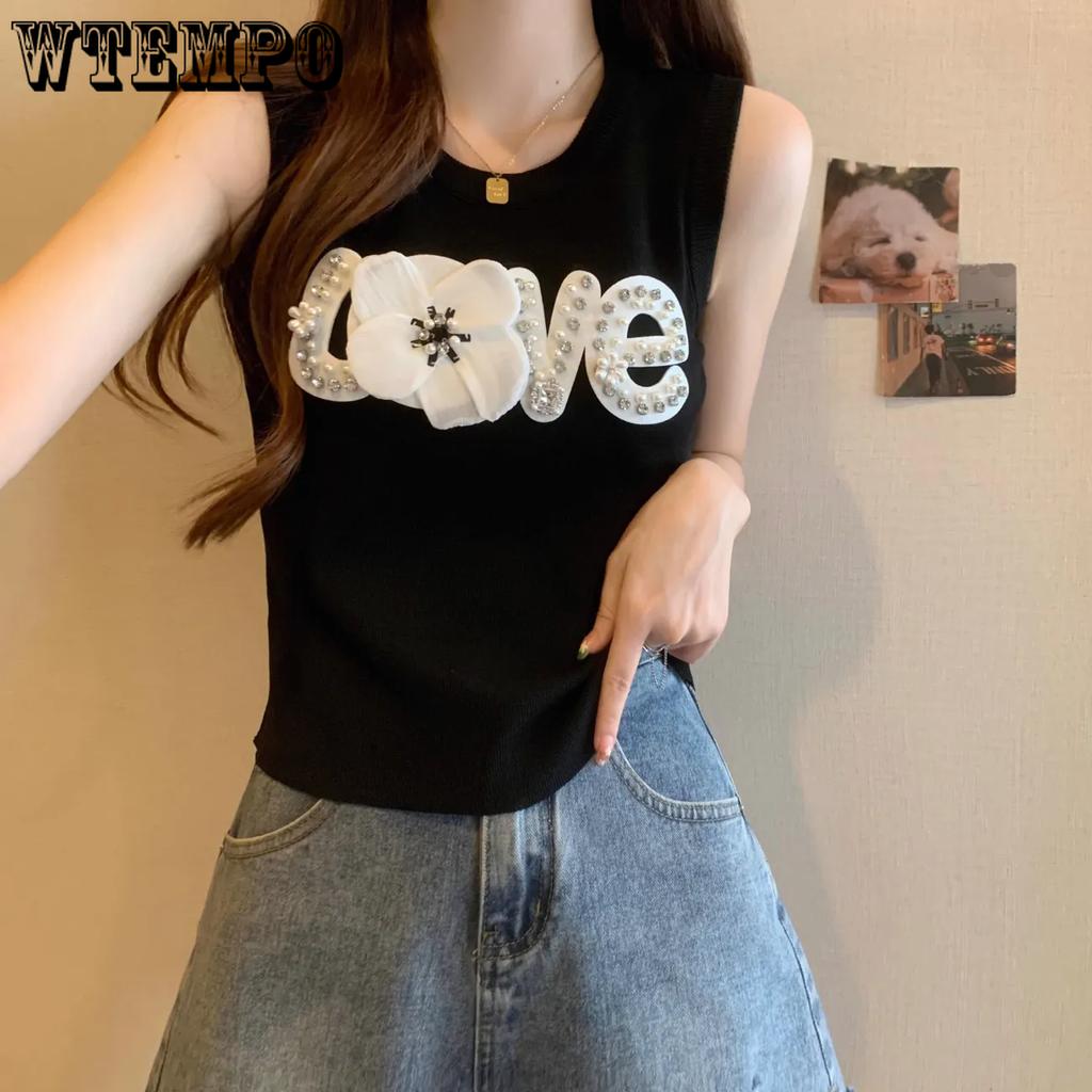 WTEMPO Nail Bead Embroidery Women's Spring Summer Large Size Black Casual Camisole Vests Autumn Versatile O-Neck Sleeveless Knitted Tank Tops