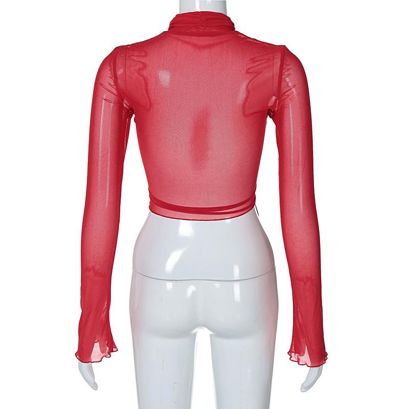 Modă Primăvara 2025 Guler înalt din plasă Mânecă lungă Roșu Drapaj Bandaj Sexy Transparent Tricou Crop Top Streetwear Club