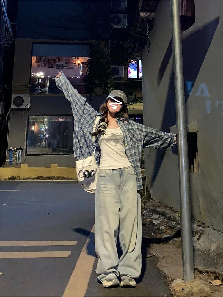 Women's Autumn American Retro Plaid Blue Shirt - Versatile Casual Sunscreen Jacket