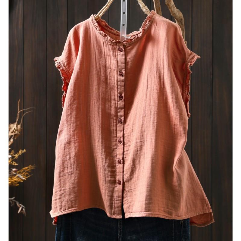 Johnature Camisetas sin Mangas Vintage de Algodón para Mujer Cuello Redondo Color Sólido Verano Botones Sin Mangas Holgadas Suaves Casual Camisetas sin Mangas