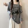 Plus Size Asymmetrical Cartoon Print Long Sleeve T-shirt - Women's Spring/Autumn Loose Slimming Top