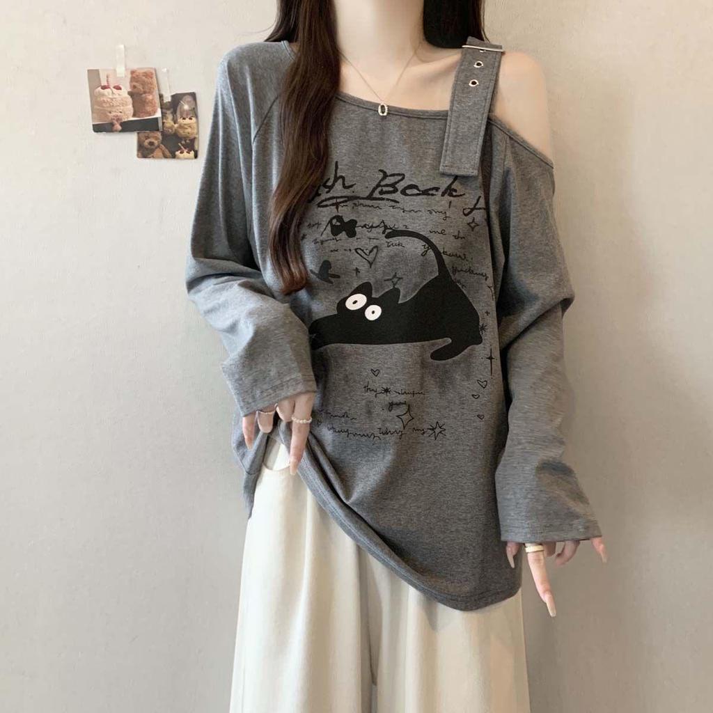 Plus Size Asymmetrical Cartoon Print Long Sleeve T-shirt - Women's Spring/Autumn Loose Slimming Top