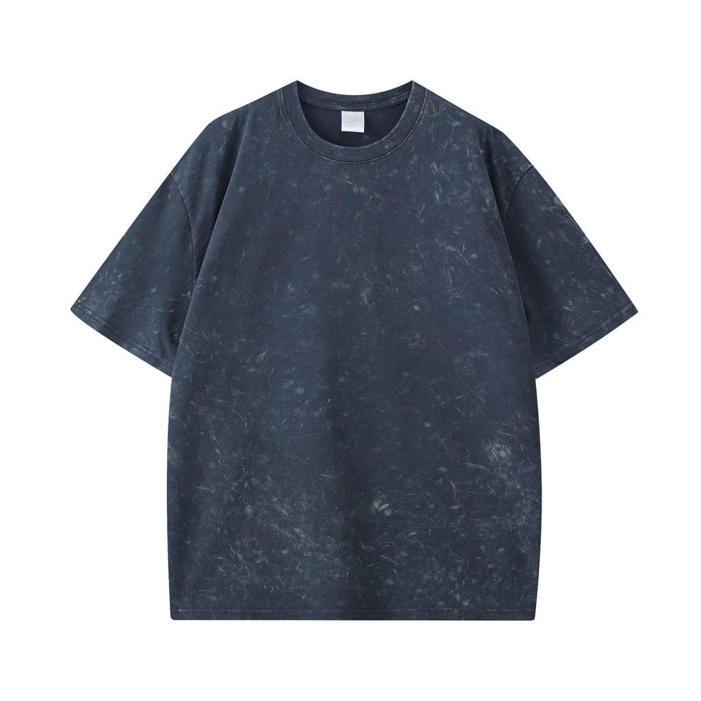 T-shirt da uomo in puro cotone pesante da 260 g, effetto retrò, con motivo a fiocchi di neve, vestibilità ampia, maniche corte