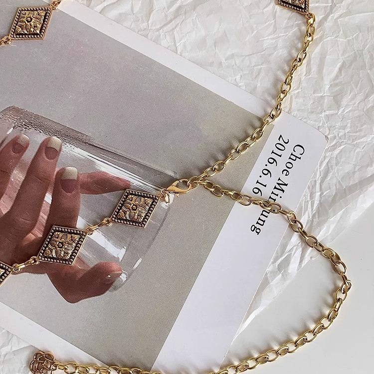 Punk Style Retro Metal Waist Chain Women'S Trend Ethnic Style Waist Chain Carved Rhombus Chain Thin Belt
