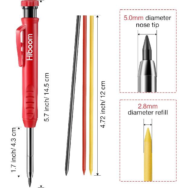 Hiboom 3 Pack Solid Carpenter Pencil with 21 Refill, Long Nosed Deep Hole Mechanical Pencil Marker with Built in Sharpener for Carpenter, Design