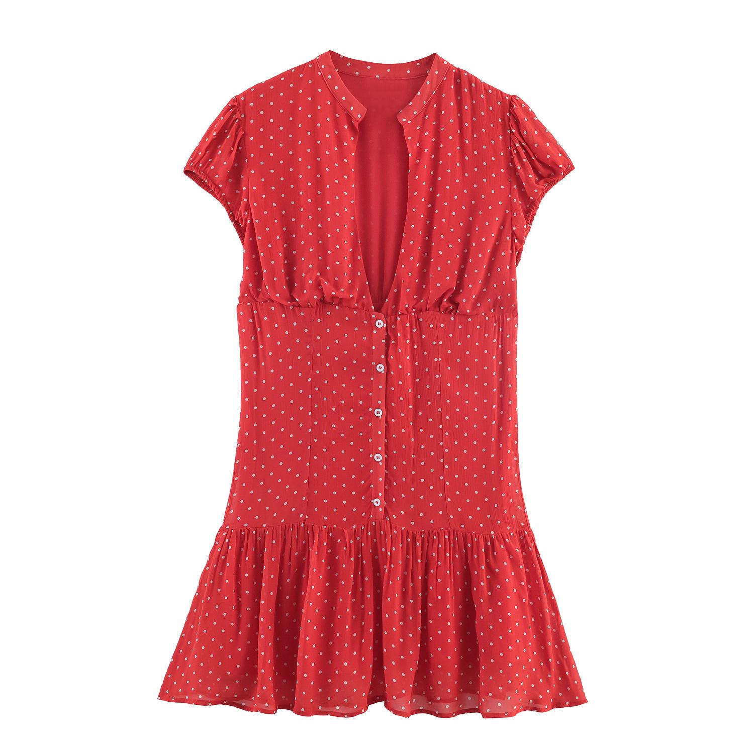 European Spring 2026 Women s Red Polka Dot Short Sleeve Dress Extra Small