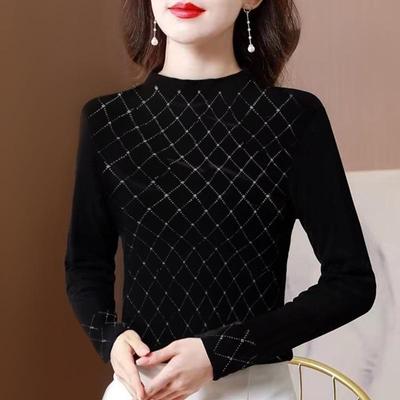 2025 Women's Slimming Top: Spring/Autumn, Half-High Neck, Heavy Industry Hot Drilling, Advanced Fashion, Age-Reducing
