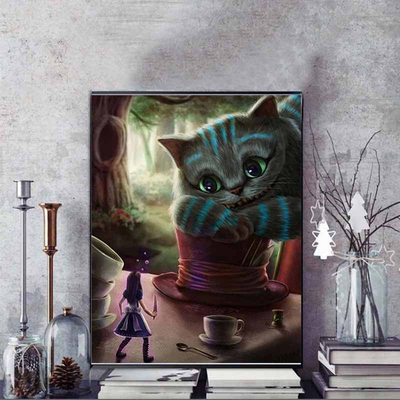 Disney Diamond Painting Cheshire Cat X Alice in Wonderland Dark Fairy Tale Artwork Diamond Mosaic Cross Stitch, Diamond Inlaid Room Decoration Gift