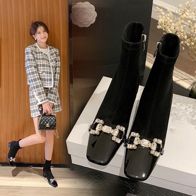 2025 new Korean version of rhinestone elastic thin boots square head thick heel small fragrant style high heel short boots women's spring and autumn